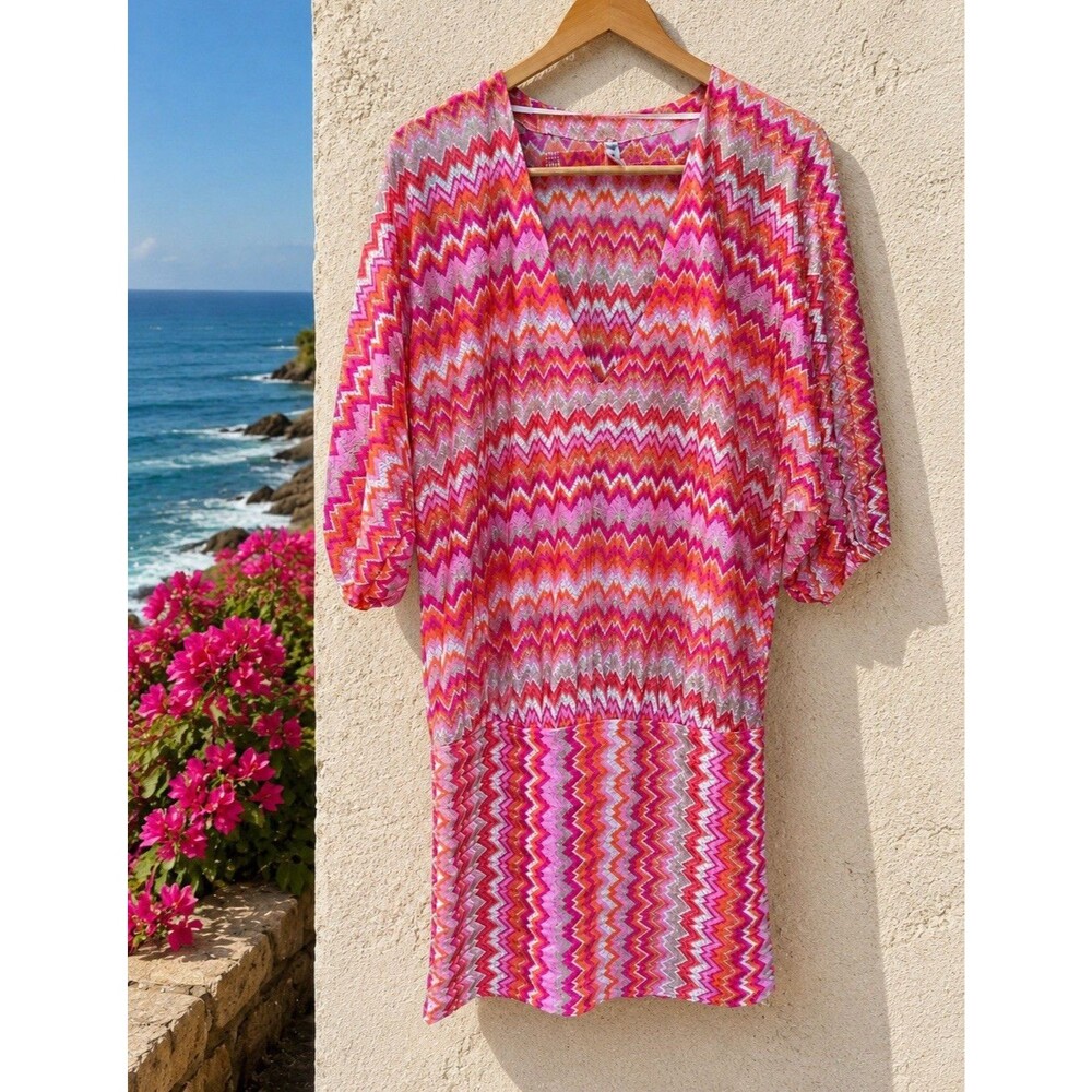 Trina Turk Cover Up Dress Women One Size Pink Orange Chevron Swim Cover Tunic